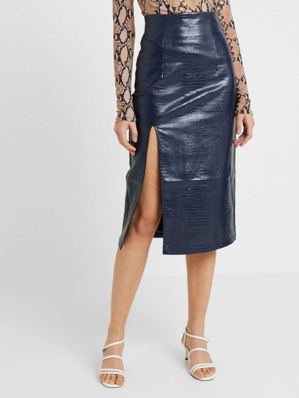 Croc-Embossed Faux Leather Midi Skirt